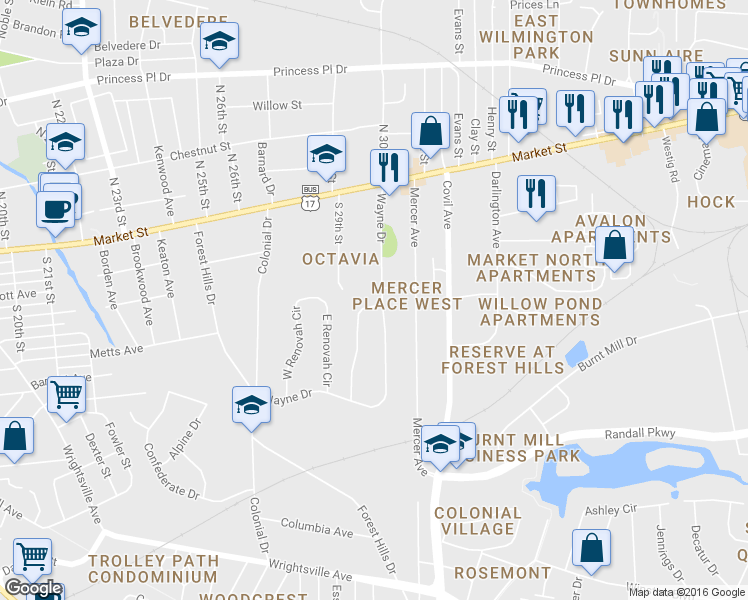 map of restaurants, bars, coffee shops, grocery stores, and more near 201 Wayne Drive in Wilmington