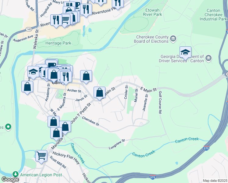 map of restaurants, bars, coffee shops, grocery stores, and more near 791 East Main Street in Canton