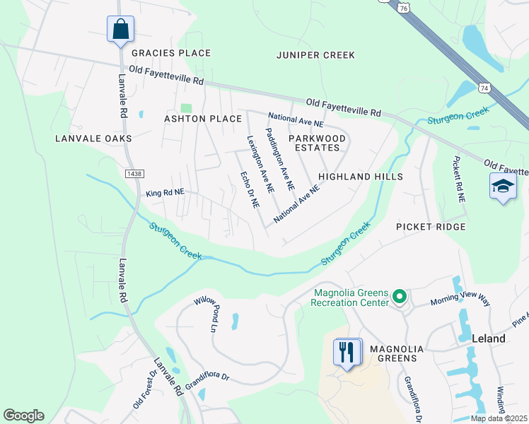 map of restaurants, bars, coffee shops, grocery stores, and more near 1030 Echo Drive Northeast in Leland