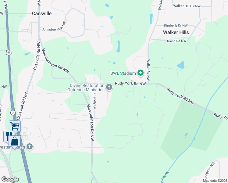 map of restaurants, bars, coffee shops, grocery stores, and more near 399 Rudy York Road Northwest in Cartersville