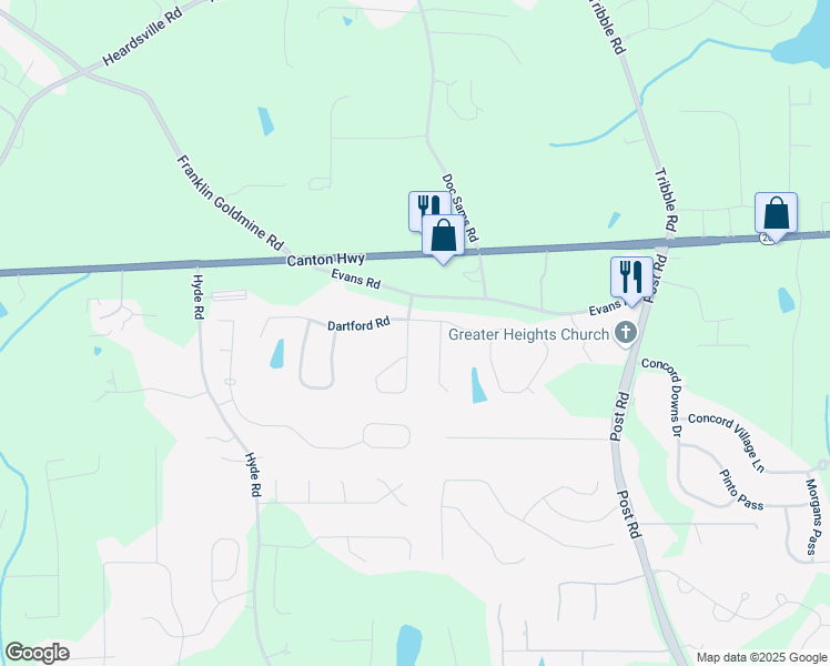 map of restaurants, bars, coffee shops, grocery stores, and more near 4215 Evans Farms Drive in Cumming