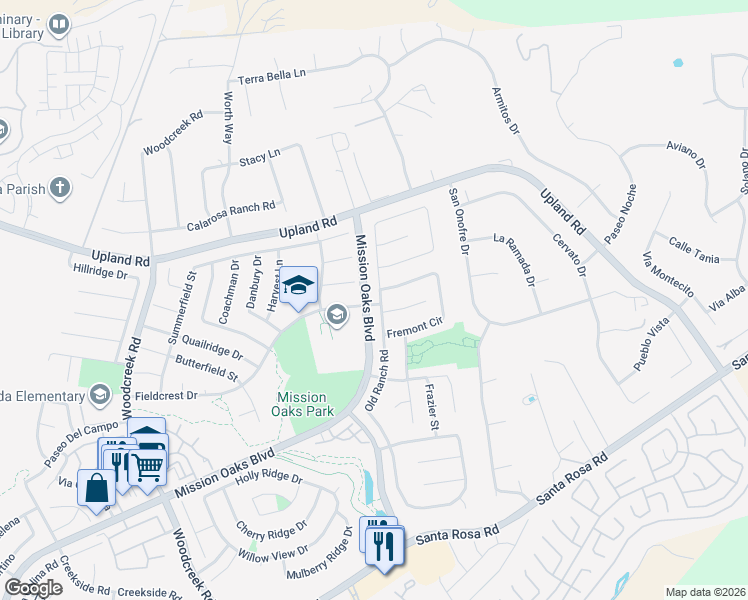 map of restaurants, bars, coffee shops, grocery stores, and more near 6186 Fremont Circle in Camarillo
