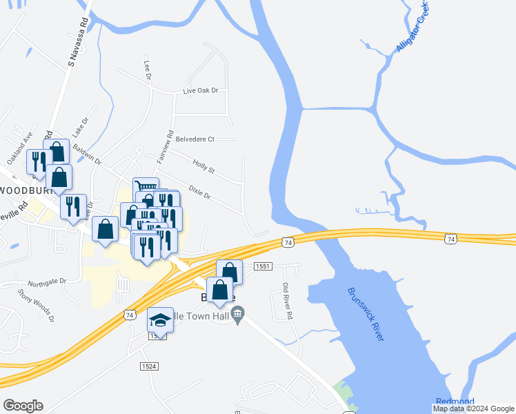 map of restaurants, bars, coffee shops, grocery stores, and more near 110 Riverview Drive in Leland