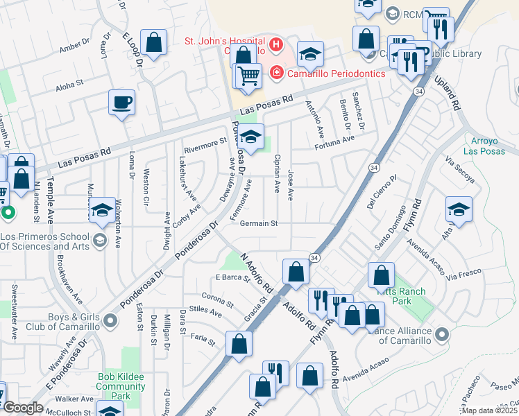 map of restaurants, bars, coffee shops, grocery stores, and more near 1753 Roman Avenue in Camarillo