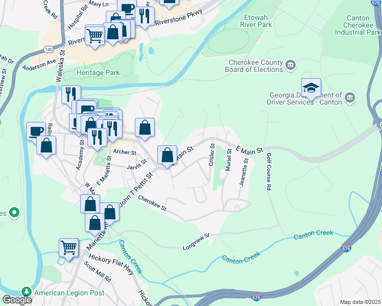 map of restaurants, bars, coffee shops, grocery stores, and more near 791 E Main St in Canton