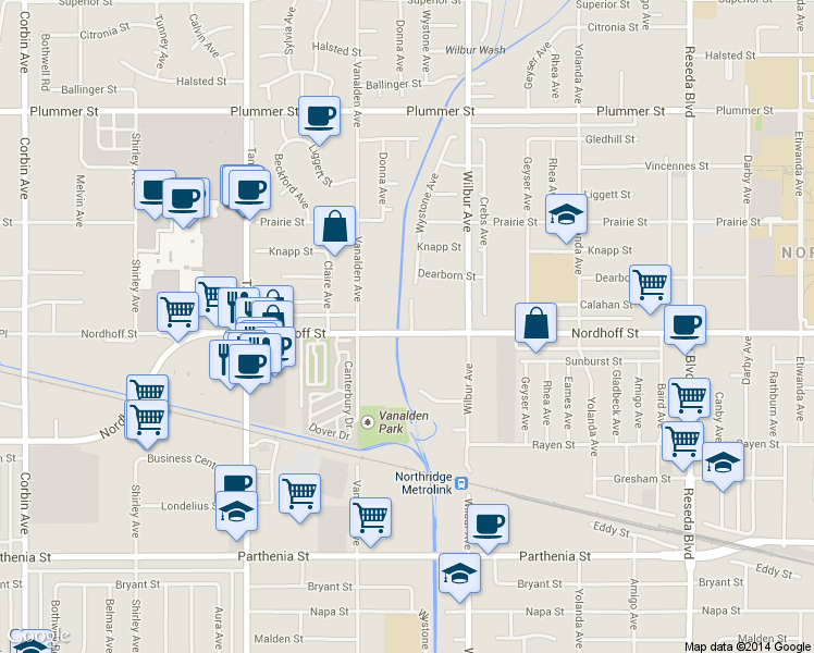 map of restaurants, bars, coffee shops, grocery stores, and more near 9103 North Wystone Avenue in Los Angeles