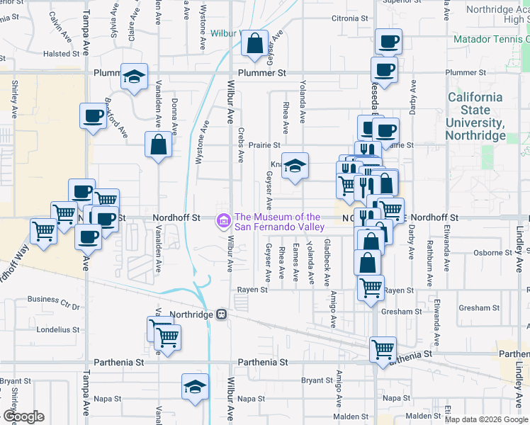 map of restaurants, bars, coffee shops, grocery stores, and more near 9101 Geyser Avenue in Los Angeles