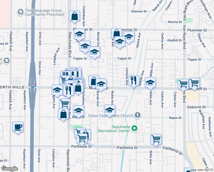 map of restaurants, bars, coffee shops, grocery stores, and more near 15125 Nordhoff Street in Los Angeles