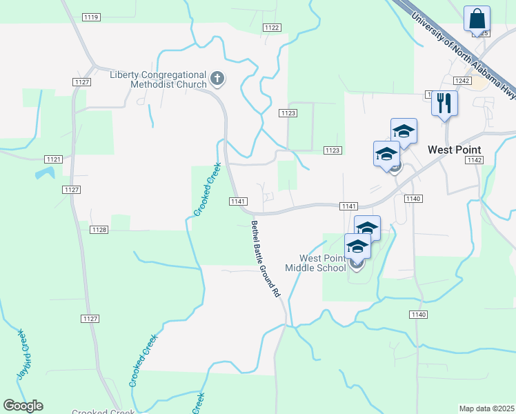 map of restaurants, bars, coffee shops, grocery stores, and more near 4878 County Road 1141 in West Point