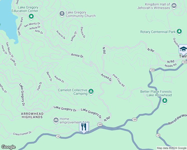 map of restaurants, bars, coffee shops, grocery stores, and more near 989 Calanda Drive in Crestline