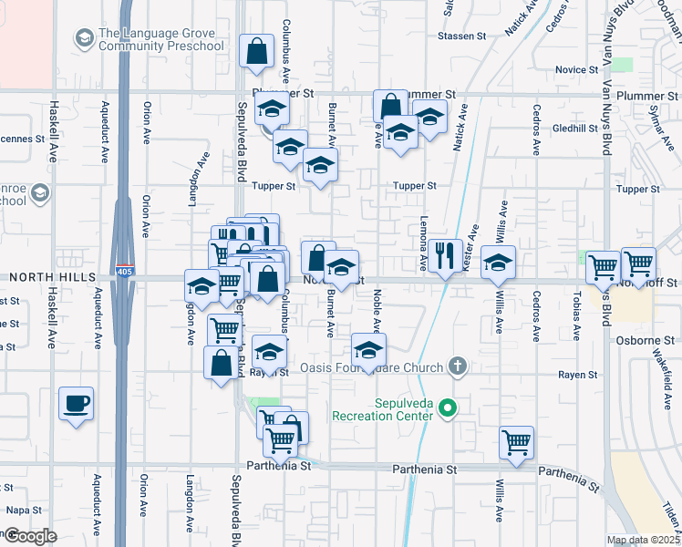 map of restaurants, bars, coffee shops, grocery stores, and more near 15135 Nordhoff Street in Los Angeles