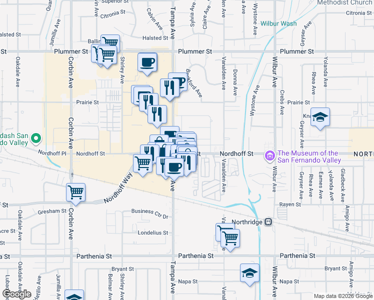 map of restaurants, bars, coffee shops, grocery stores, and more near 19241 Nordhoff Street in Los Angeles