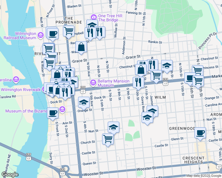 map of restaurants, bars, coffee shops, grocery stores, and more near 702 Market Street in Wilmington