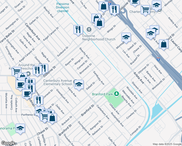 map of restaurants, bars, coffee shops, grocery stores, and more near 13542 Montague Street in Los Angeles