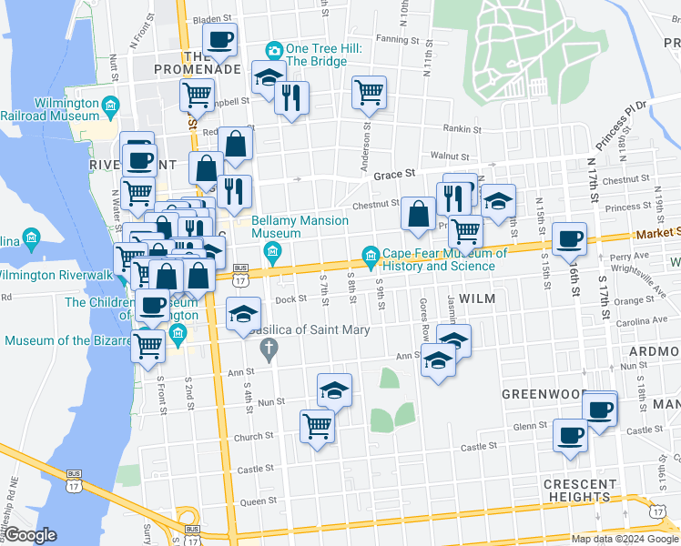 map of restaurants, bars, coffee shops, grocery stores, and more near 714 Market Street in Wilmington