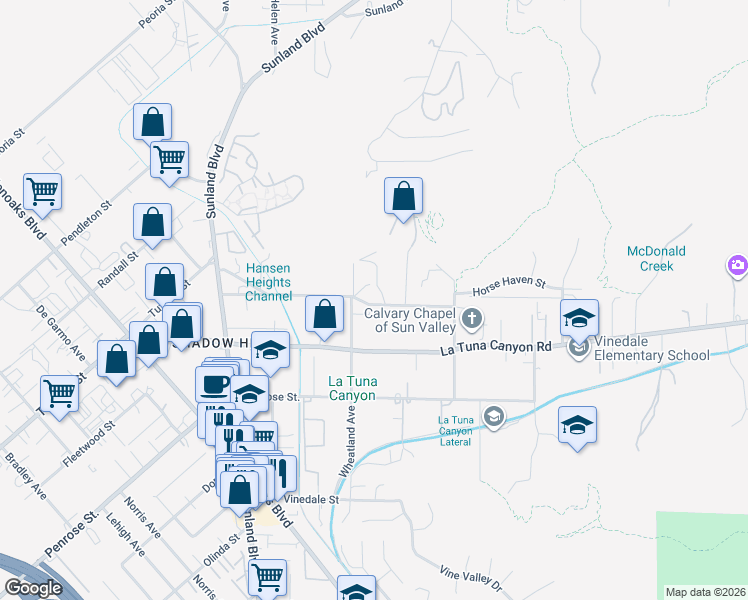 map of restaurants, bars, coffee shops, grocery stores, and more near Tuxford Street in Los Angeles