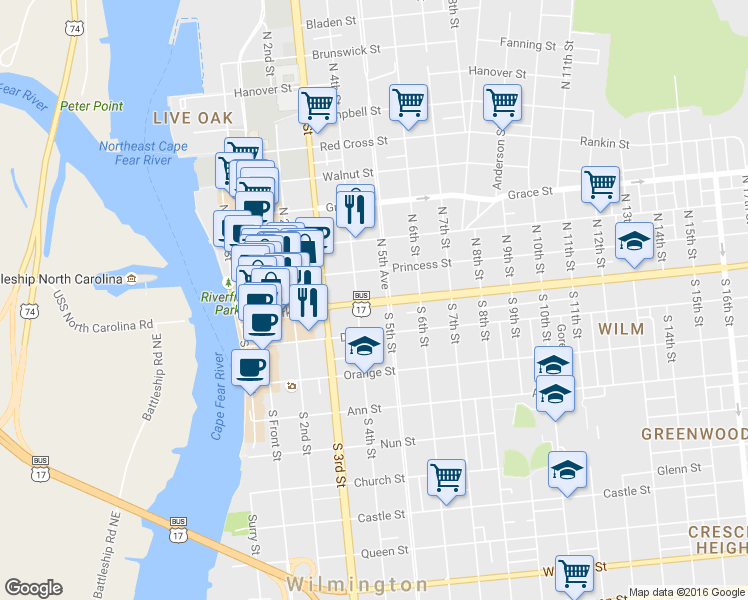 map of restaurants, bars, coffee shops, grocery stores, and more near 415 Market Street in Wilmington