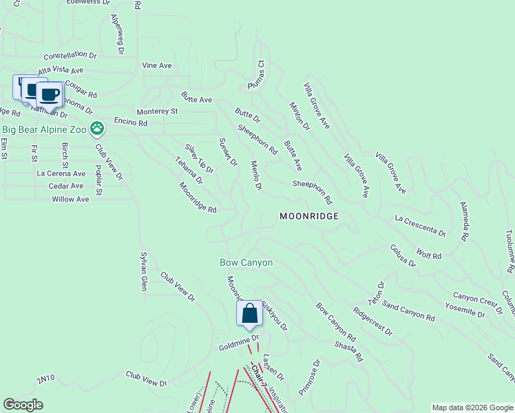 map of restaurants, bars, coffee shops, grocery stores, and more near 912 Elk Road in Big Bear Lake
