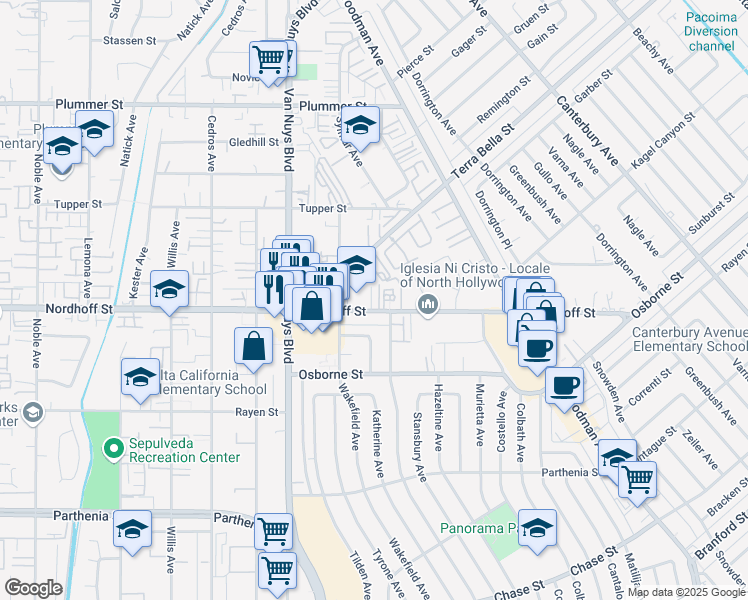 map of restaurants, bars, coffee shops, grocery stores, and more near 9110 North Nilo Lane in Los Angeles