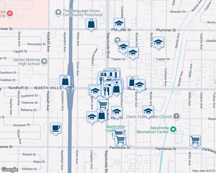 map of restaurants, bars, coffee shops, grocery stores, and more near Sepulveda Boulevard in Los Angeles County