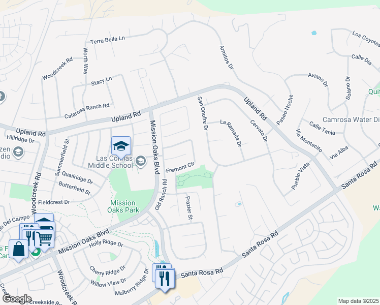 map of restaurants, bars, coffee shops, grocery stores, and more near 6051 Fremont Circle in Camarillo
