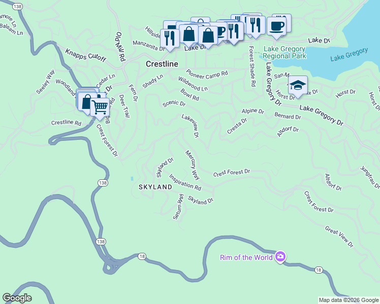map of restaurants, bars, coffee shops, grocery stores, and more near 969 Mercury Way in Crestline