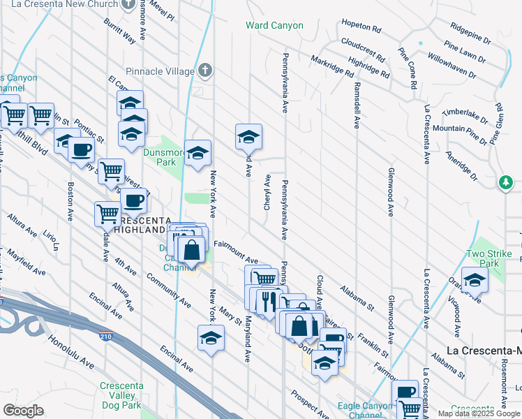 map of restaurants, bars, coffee shops, grocery stores, and more near 4816 Cheryl Avenue in Glendale