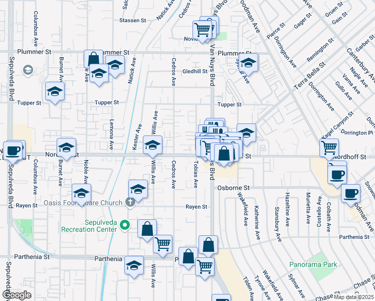 map of restaurants, bars, coffee shops, grocery stores, and more near 14657 Nordhoff Street in Los Angeles