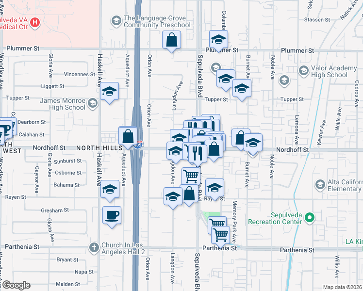 map of restaurants, bars, coffee shops, grocery stores, and more near 9111 Sepulveda Boulevard in Los Angeles