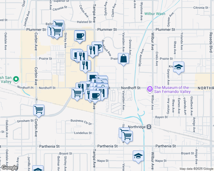 map of restaurants, bars, coffee shops, grocery stores, and more near 19210 Calahan Street in Los Angeles
