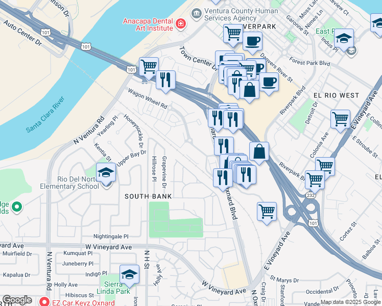 map of restaurants, bars, coffee shops, grocery stores, and more near 2651 Wagon Wheel Road in Oxnard