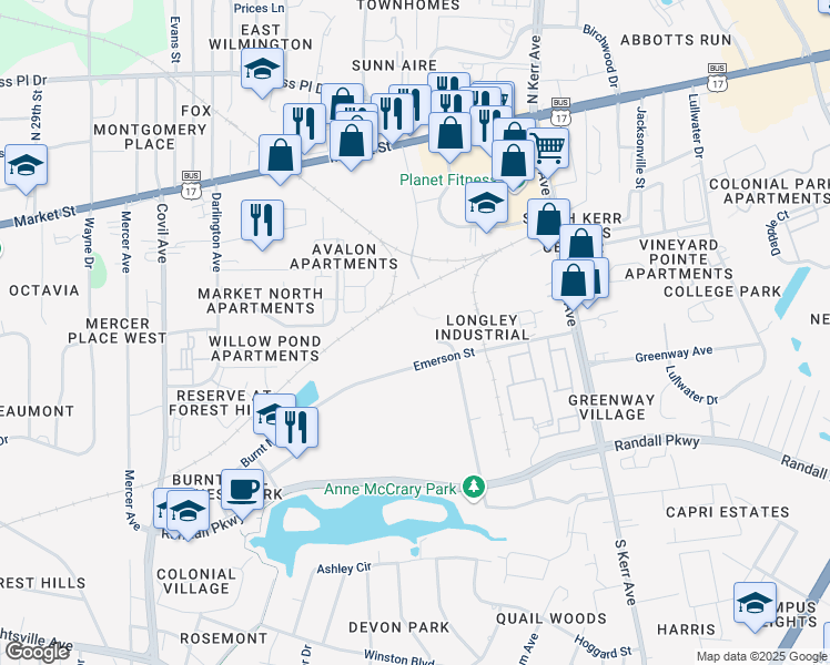 map of restaurants, bars, coffee shops, grocery stores, and more near 100 Wetsig Road in Wilmington