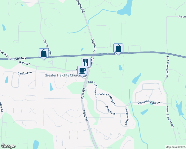map of restaurants, bars, coffee shops, grocery stores, and more near 3725 Post Road in Cumming