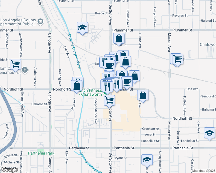 map of restaurants, bars, coffee shops, grocery stores, and more near 9111 De Soto Avenue in Los Angeles