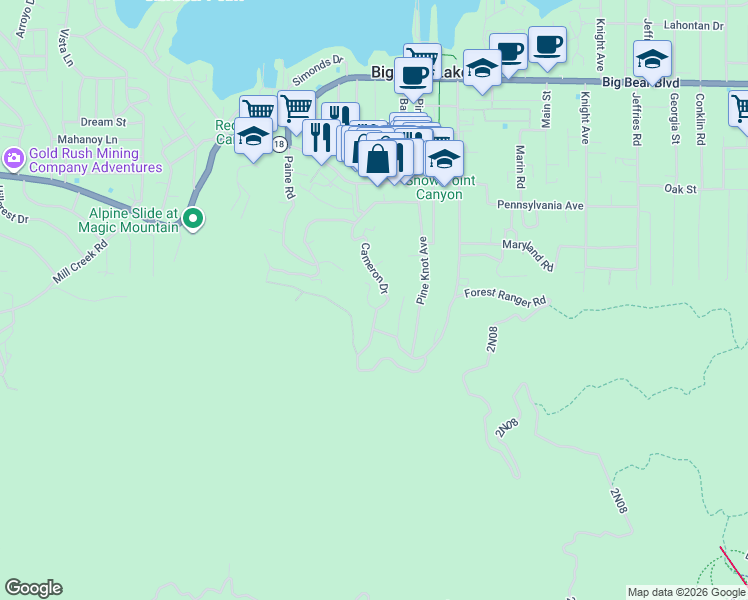 map of restaurants, bars, coffee shops, grocery stores, and more near 929 Andrew Lane in Big Bear Lake