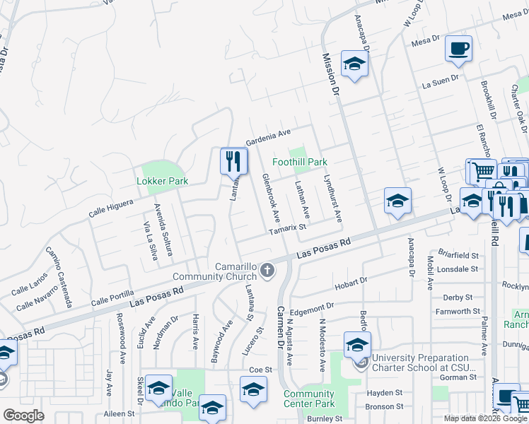 map of restaurants, bars, coffee shops, grocery stores, and more near 174 Gardenia Avenue in Camarillo
