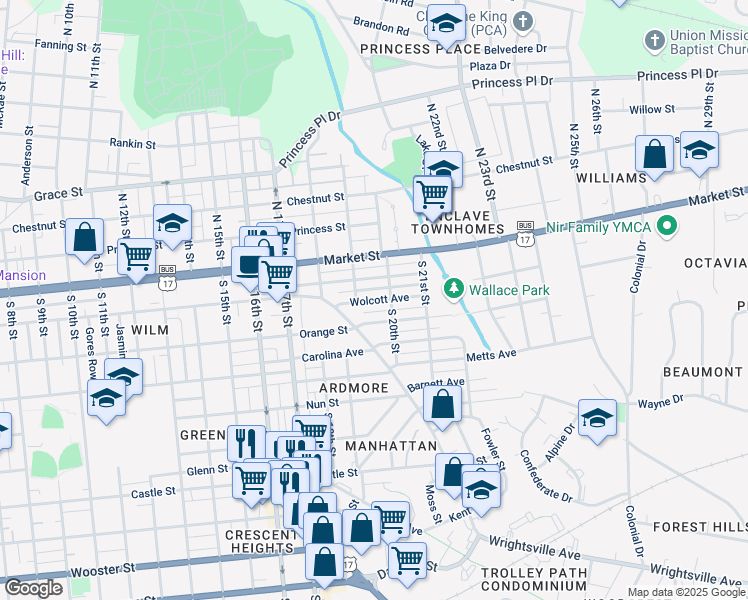 map of restaurants, bars, coffee shops, grocery stores, and more near Wolcott Avenue in Wilmington