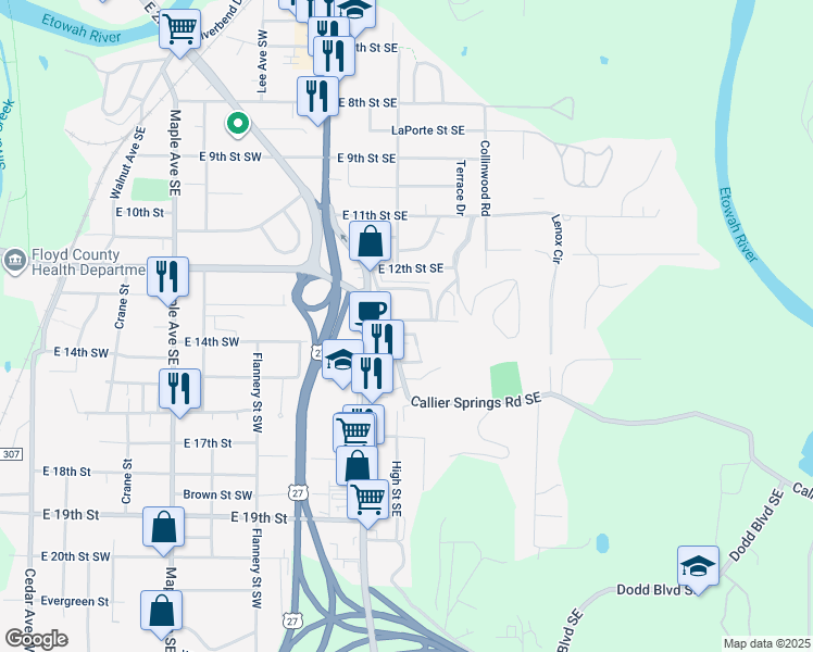 map of restaurants, bars, coffee shops, grocery stores, and more near 19 Townview Road Southeast in Rome