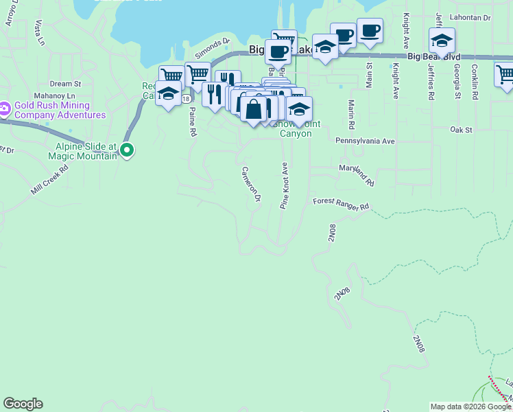 map of restaurants, bars, coffee shops, grocery stores, and more near 930 Cameron Drive in Big Bear Lake