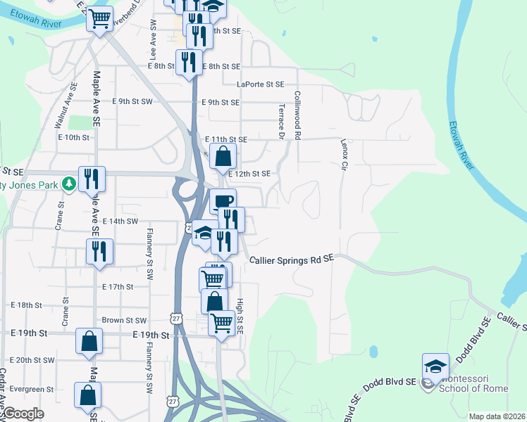 map of restaurants, bars, coffee shops, grocery stores, and more near 21 Beal Lane Southeast in Rome
