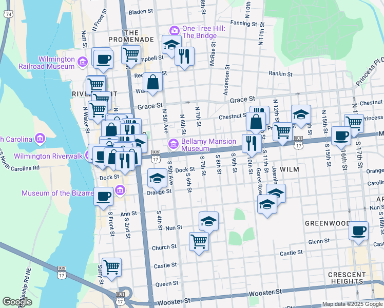 map of restaurants, bars, coffee shops, grocery stores, and more near 615 Market Street in Wilmington