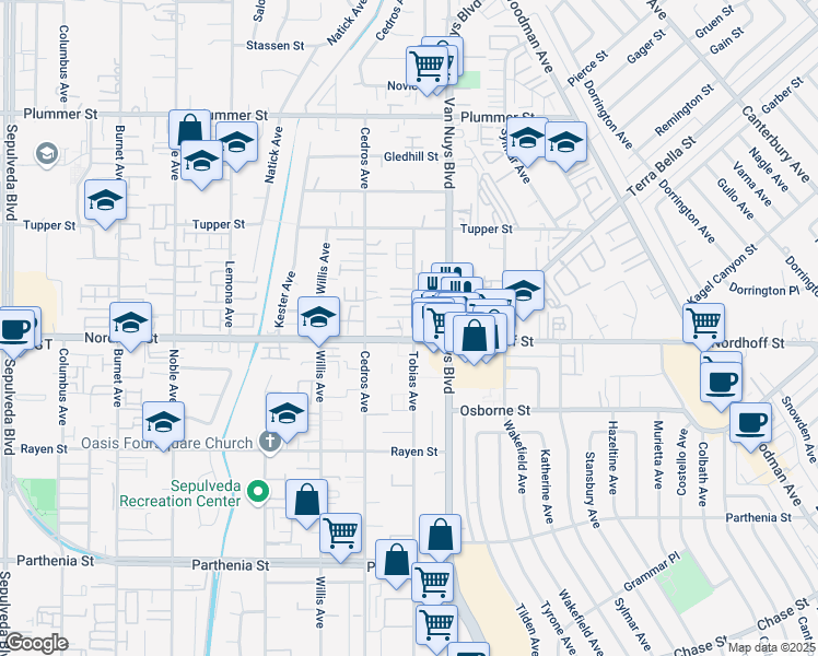 map of restaurants, bars, coffee shops, grocery stores, and more near 14657 Nordhoff Street in Los Angeles
