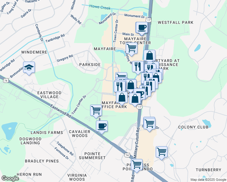 map of restaurants, bars, coffee shops, grocery stores, and more near 6805 Parker Farm Drive in Wilmington