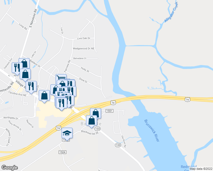 map of restaurants, bars, coffee shops, grocery stores, and more near 110 Riverview Drive in Leland