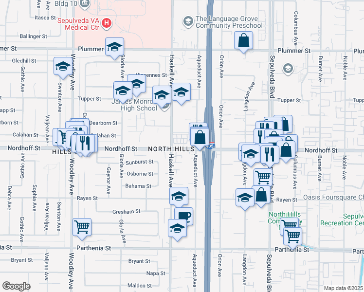 map of restaurants, bars, coffee shops, grocery stores, and more near 33 Nordhoff Street in Los Angeles