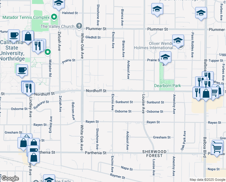 map of restaurants, bars, coffee shops, grocery stores, and more near Nordhoff Street & Encino Avenue in Los Angeles