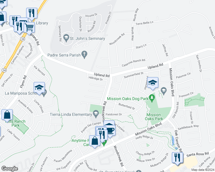 map of restaurants, bars, coffee shops, grocery stores, and more near 1810 Hillridge Drive in Camarillo