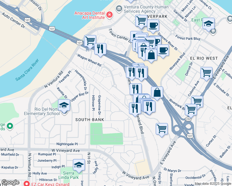 map of restaurants, bars, coffee shops, grocery stores, and more near 2601 Wagon Wheel Road in Oxnard