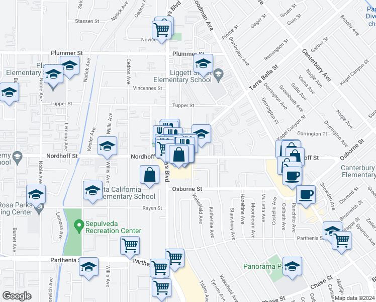 map of restaurants, bars, coffee shops, grocery stores, and more near 9119 Wakefield Avenue in Los Angeles