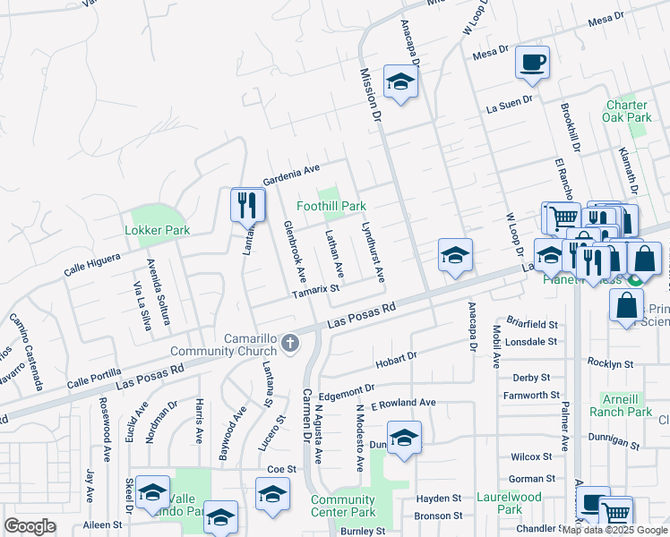 map of restaurants, bars, coffee shops, grocery stores, and more near 1827 Lathan Avenue in Camarillo